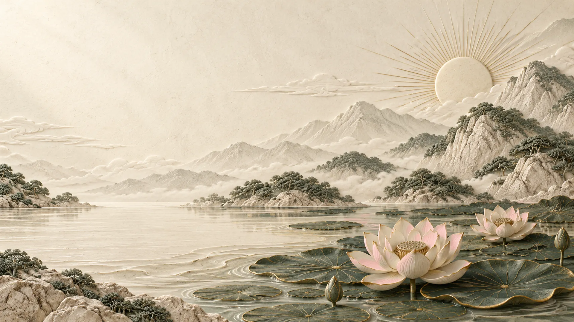 Carved stone dawn over mountains and a lotus pond