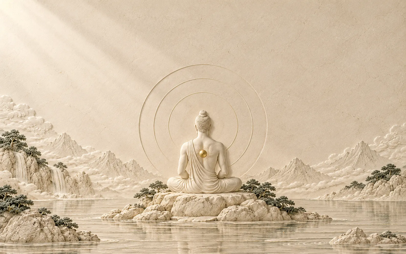 Carved stone seated figure with a small golden sun in the heart