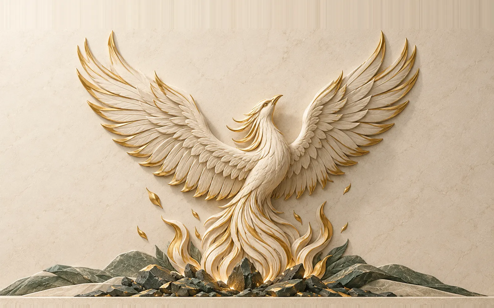 Carved stone phoenix rising from ashes
