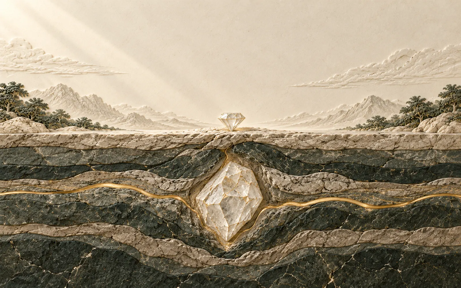 Carved stone cross-section: a rough diamond and a vein of gold