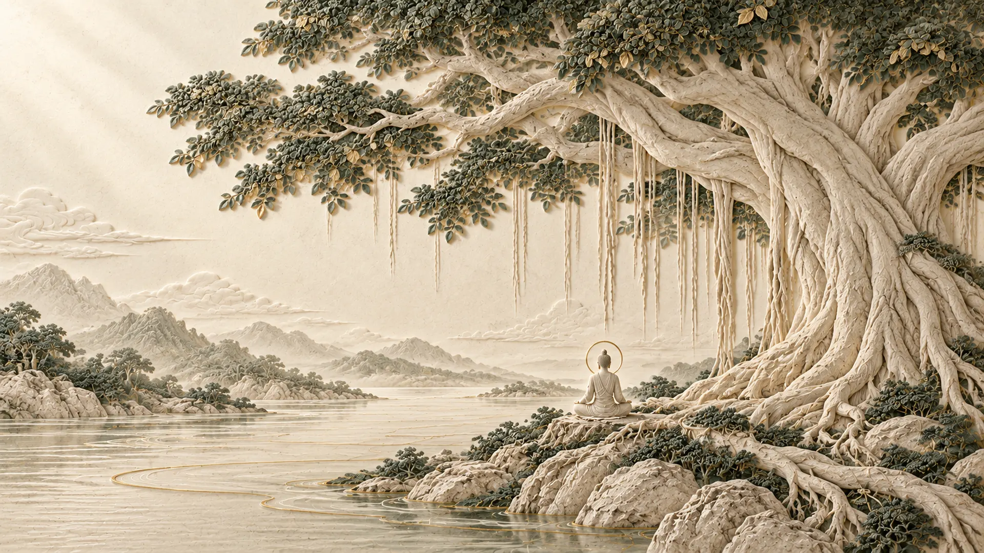 Carved stone banyan tree with a small figure meditating